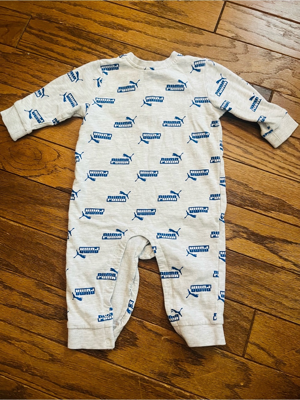 Puma Gray Footed One-Piece with Blue Logo Print